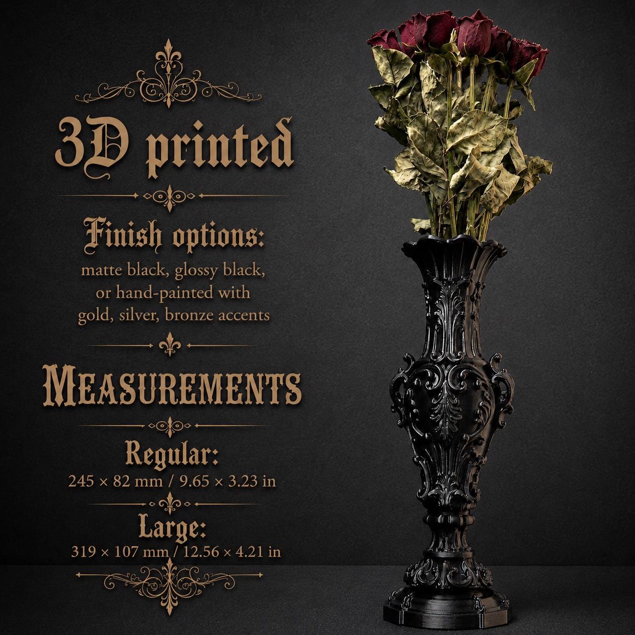 Gothic Baroque Vase – 3D Printed Victorian Vase for Dried Flowers, Gothic Home Decor, Dark Romantic Shelf Decor, Gothic Gift