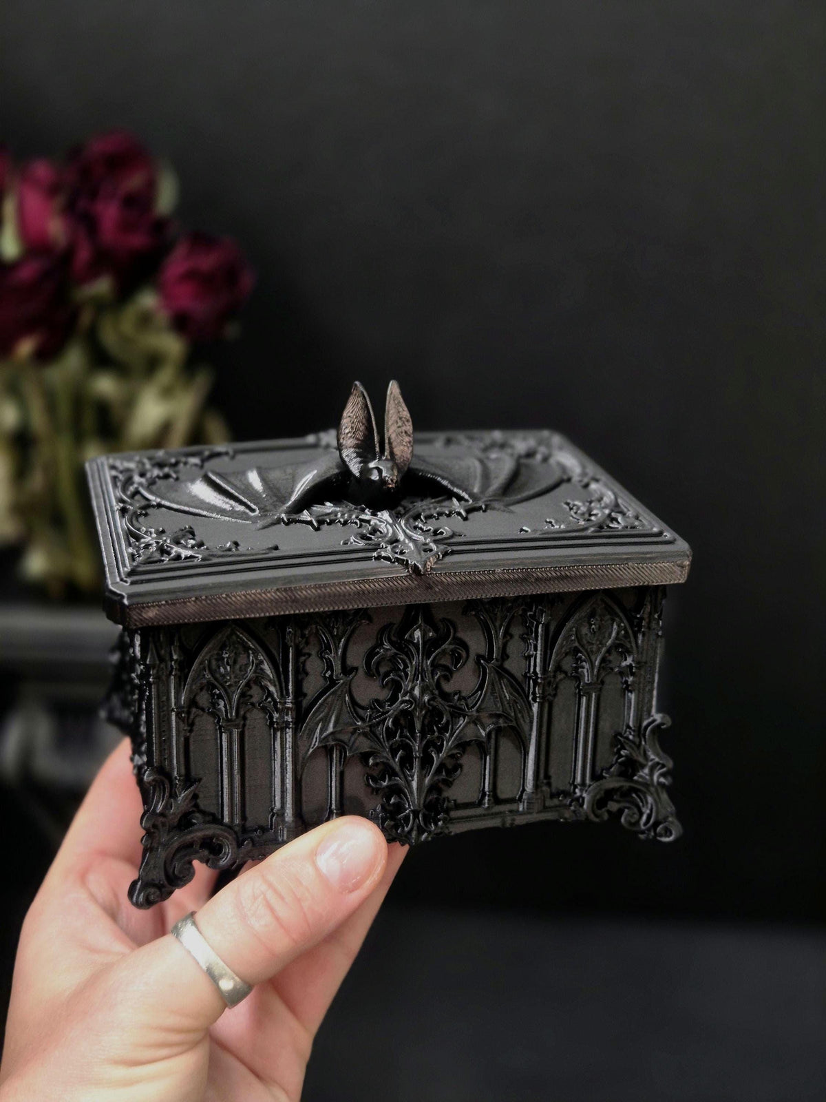 Gothic Bat Box, 3D Printed Vampire Trinket Box, Black Coffin Style Jewelry Box, Dark Academia Decor, Goth Gift