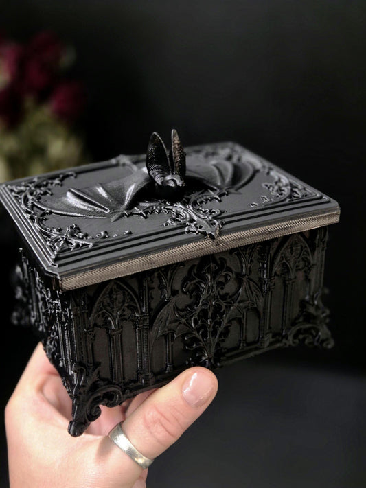 Gothic Bat Box, 3D Printed Vampire Trinket Box, Black Coffin Style Jewelry Box, Dark Academia Decor, Goth Gift
