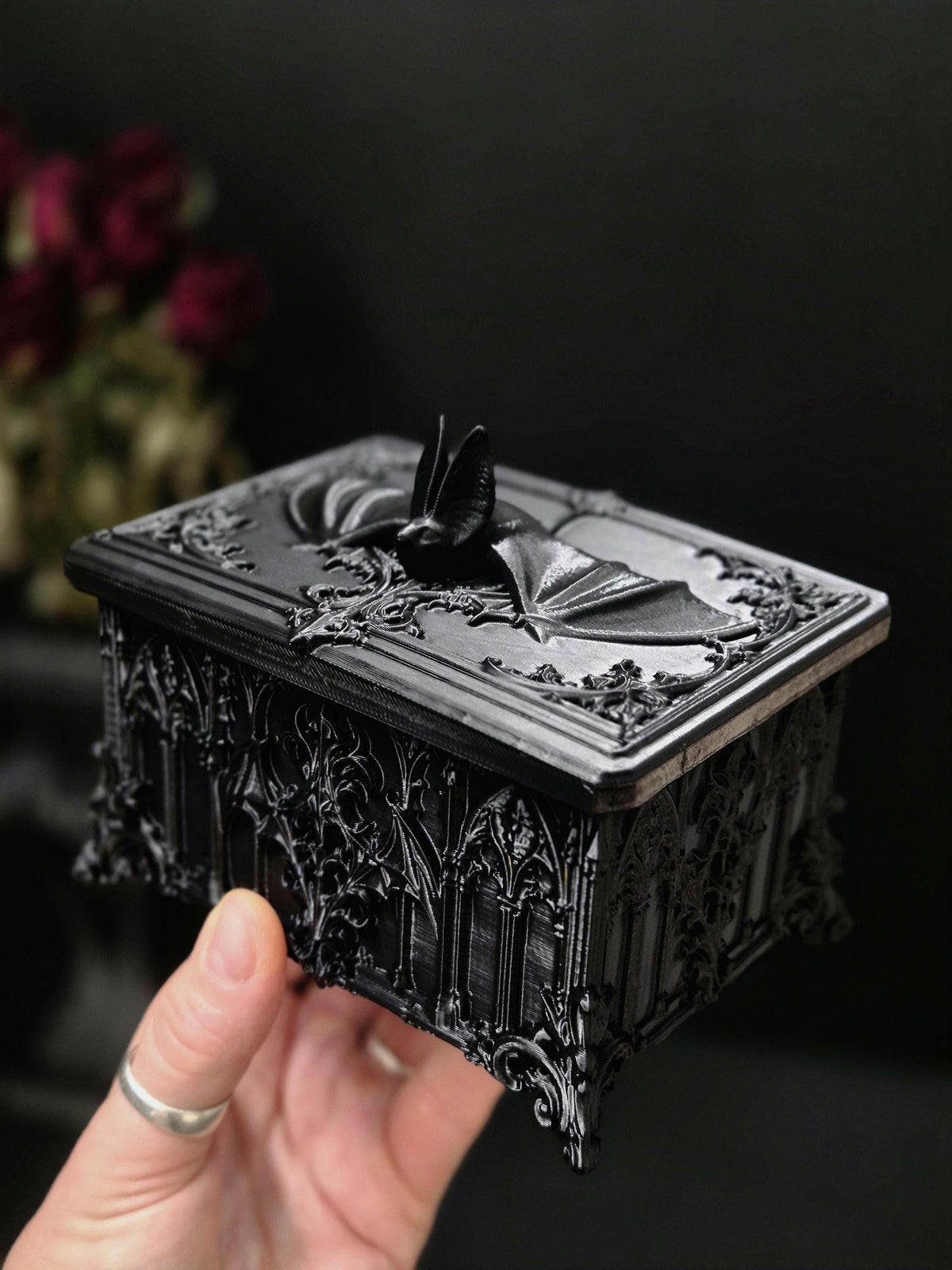 Gothic Bat Box, 3D Printed Vampire Trinket Box, Black Coffin Style Jewelry Box, Dark Academia Decor, Goth Gift