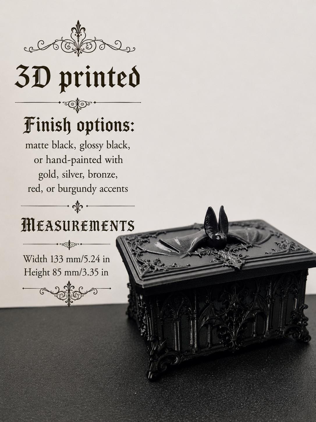 Gothic Bat Box, 3D Printed Vampire Trinket Box, Black Coffin Style Jewelry Box, Dark Academia Decor, Goth Gift