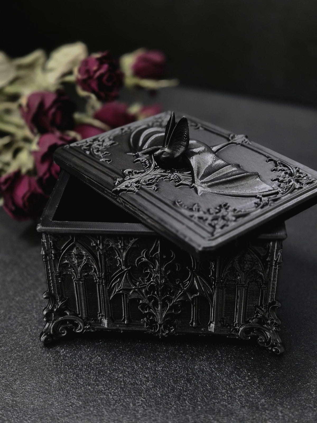 Gothic Bat Box, 3D Printed Vampire Trinket Box, Black Coffin Style Jewelry Box, Dark Academia Decor, Goth Gift