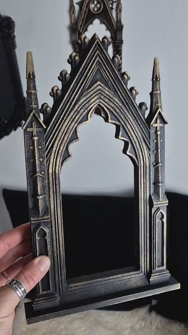Gothic Cathedral Arch Wall Frame – 3D Printed Window Frame | Gothic Decor, Black or Hand Painted Gold/Silver | Gothic Revival Shelf Accent