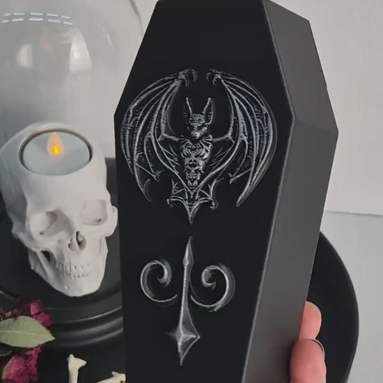 Gothic Coffin Vase with Bat – 3D Printed Goth Witchy Home Decor, Dark Home Decor, Occult Halloween Decoration, Vampire Gothic Gift