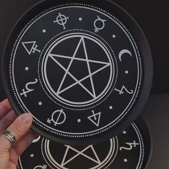 Gothic Pentagram Tray with Occult Symbols – 3D Printed Witchcraft Altar Organiser, Black Round Tray, Dark Home Decor, Wiccan Gift